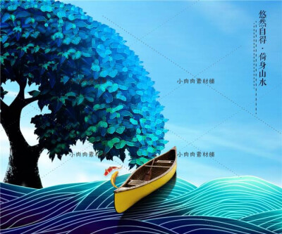 中式古典油画唯美鲸鱼天空抽象艺术插画背景墙PSD设计素材psd268