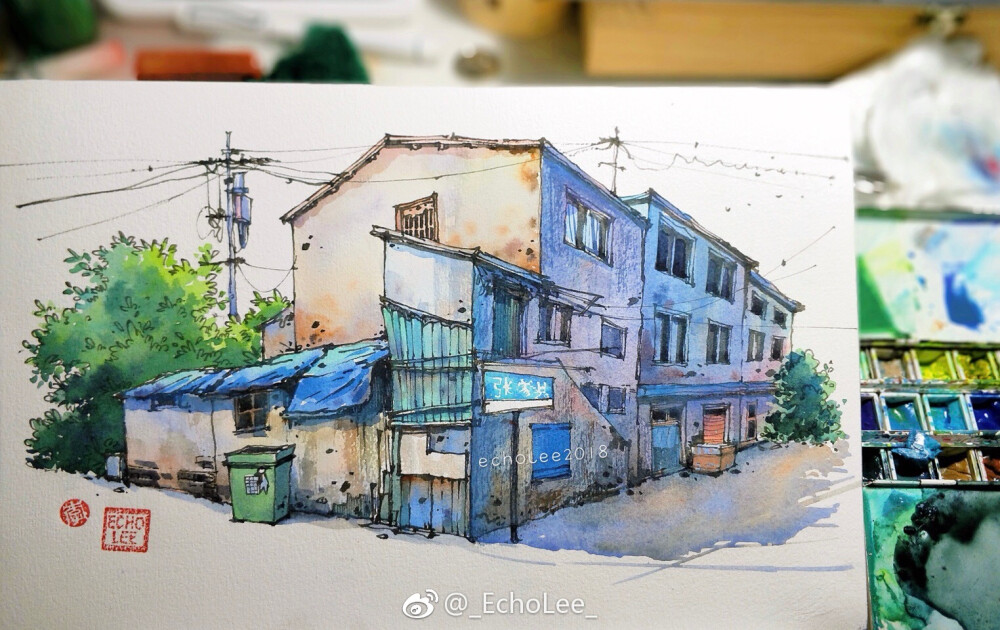择一页回忆。上海老房子。 #钢笔淡彩# 作者：_EchoLee_