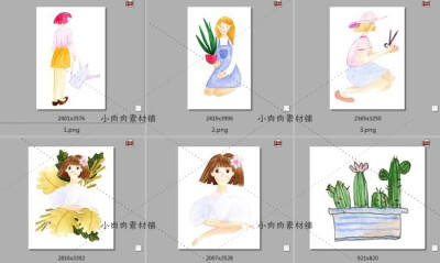 彩铅春天小女孩插花绿色多肉盆栽植物装饰画PNG设计素材png372