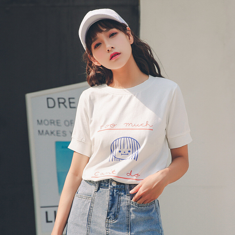 夏季新款韩版宽松chic字母印花直筒短袖T恤女打底上衣