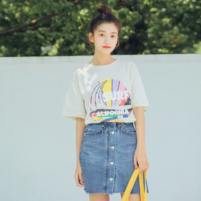 夏季新款韩版宽松chic学院风显瘦百搭短袖印花上衣套头T恤女
