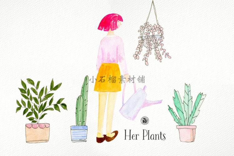 彩铅春天小女孩插花绿色多肉盆栽植物装饰画PNG设计素材png372