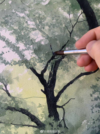 画风景常常要用到很多绿颜色，近景的绿和中景的绿还有远景的绿都各不相同。虽然都是绿色却有微妙的变化，中景的灰绿色是画面的主要色调。因为是示范，画面有70x50cm大小，来不及精细刻画，但我自己还是很喜欢。 作者…
