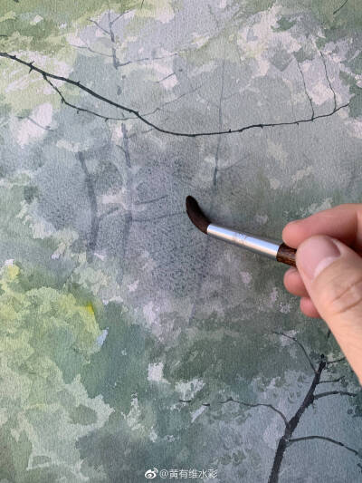 画风景常常要用到很多绿颜色，近景的绿和中景的绿还有远景的绿都各不相同。虽然都是绿色却有微妙的变化，中景的灰绿色是画面的主要色调。因为是示范，画面有70x50cm大小，来不及精细刻画，但我自己还是很喜欢。 作者…