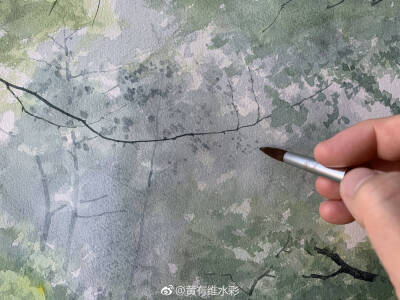 画风景常常要用到很多绿颜色，近景的绿和中景的绿还有远景的绿都各不相同。虽然都是绿色却有微妙的变化，中景的灰绿色是画面的主要色调。因为是示范，画面有70x50cm大小，来不及精细刻画，但我自己还是很喜欢。 作者…