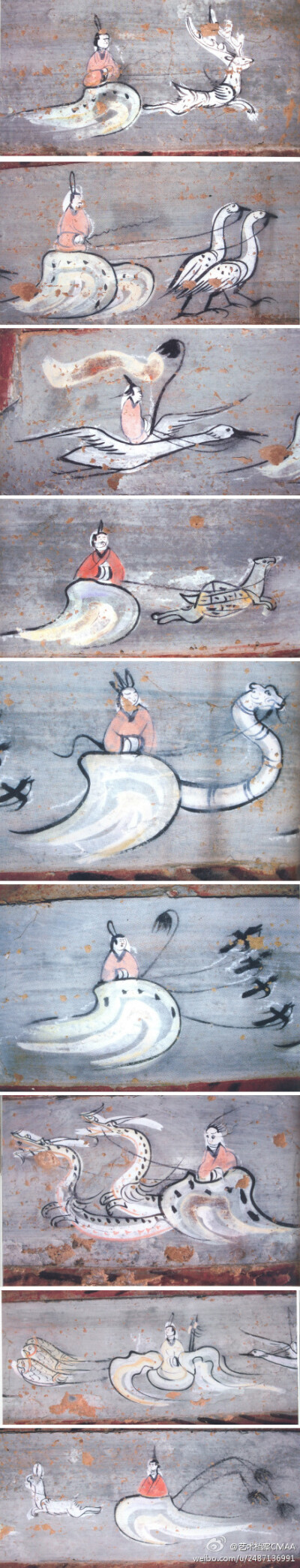 【中国古代艺术】在神仙的世界里，各种动物皆可作为拉车的劳力。此为陕西杨桥畔东汉墓的墓室壁画。 ​​​​