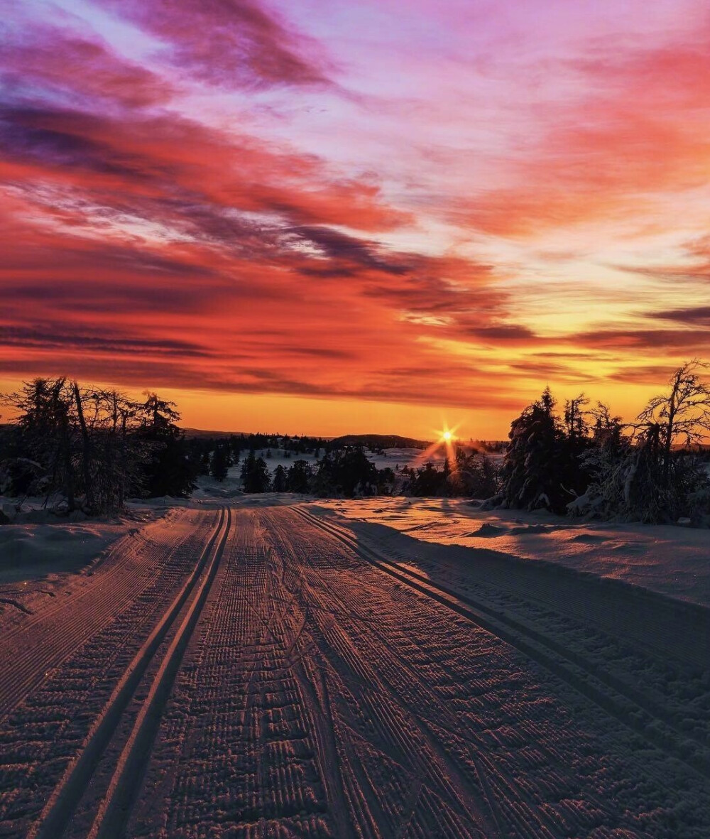 挪威的雪后夕阳