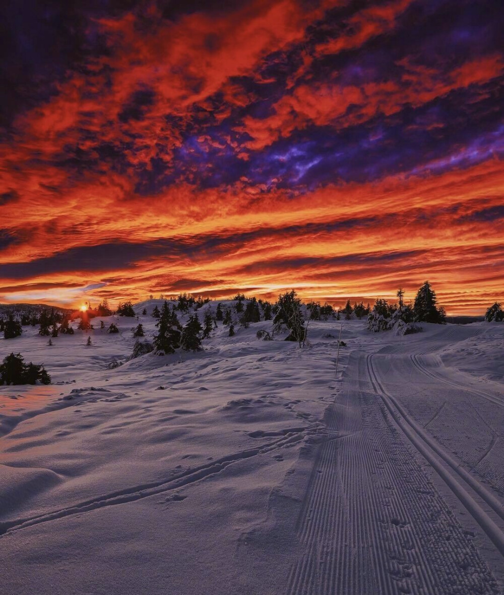 挪威的雪后夕阳