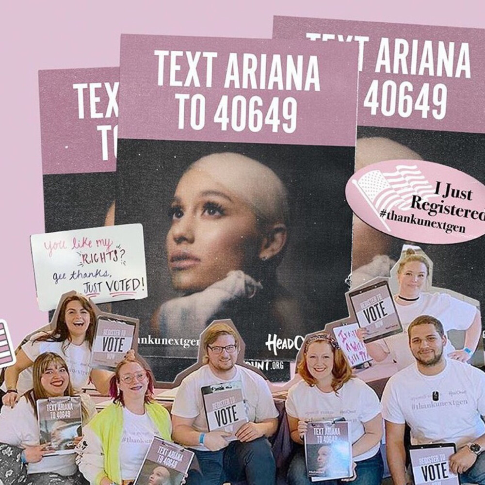 Ariana Grande ins
so excited to partner w @headcountorg to bring voter registration & participation to all of the US stops on the @sweetener tour. visit the headcount booth at the show to use your voice and get your 'thank u, next gen' sticker If you can't be there to register on-site, text 'Ariana' to 40649 each and every one of you make a difference. #thankunextgen