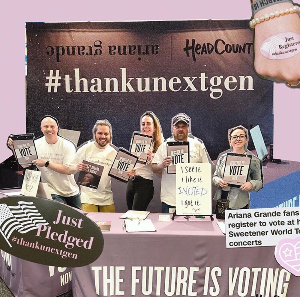 Ariana Grande ins
yeeeee.so excited to partner w @headcountorg to bring voter registration & participation to all of the US stops on the @sweetener tour. visit the headcount booth at the show to use your voice and get your 'thank u, next gen' sticker If you can't be there to register on-site, text 'Ariana' to 40649 each and every one of you make a difference. #thankunextgen