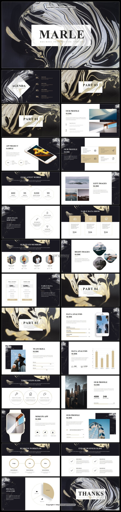 【全页设计】抽象金色大理石现代商务汇报工作总结模版PPT模板