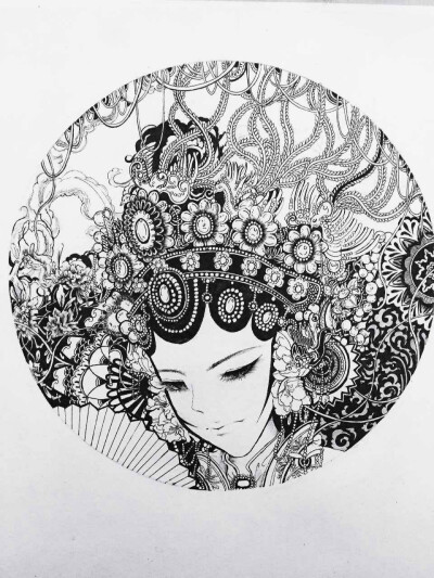 黑白线稿 禅绕画 黑白插画 线描插画 戏剧 花旦