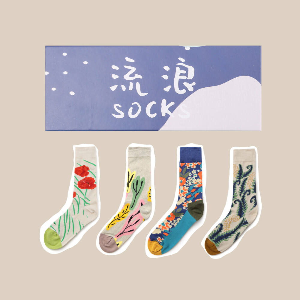 【流浪的组合袜】13PLUS流浪共和棉袜复古波谱提花彩色袜子 四双