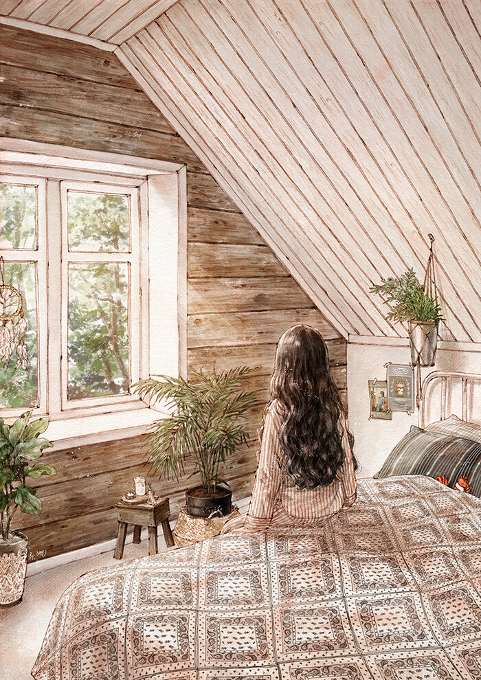 晨光透过窗户洒在床边，开始美好的新一天 ~ 来自韩国插画家Aeppol 的「森林女孩日记-2019」系列插画。