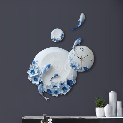富贵有鱼现代简约装饰钟表挂钟客厅创意新中式壁钟石英钟鱼中国风