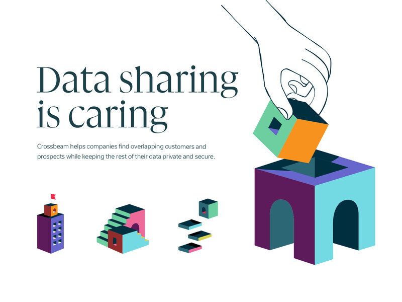 Data sharing is caring stairs blocks hand focus lab isometric color illustration branding