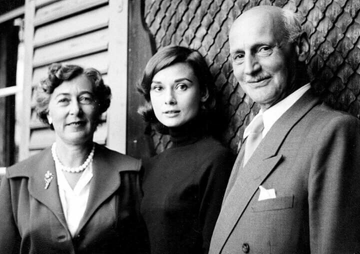 Audrey Hepburn in Amsterdam with Otto Frank, father of Anne Frank, and his second wife Fritzi, 1957 ​​​