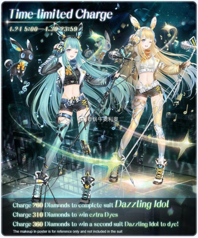 奇迹暖暖美服 首发累充套【Dazzling Idol】单套260 VIP经验（月卡），齐两套360 VIP经验。“音乐像发动机，一旦被点燃，它就会继续燃烧。说唱就像魔咒，一旦被施放，你就会陶醉其中。”“风会带来远方的韵律吗？此…