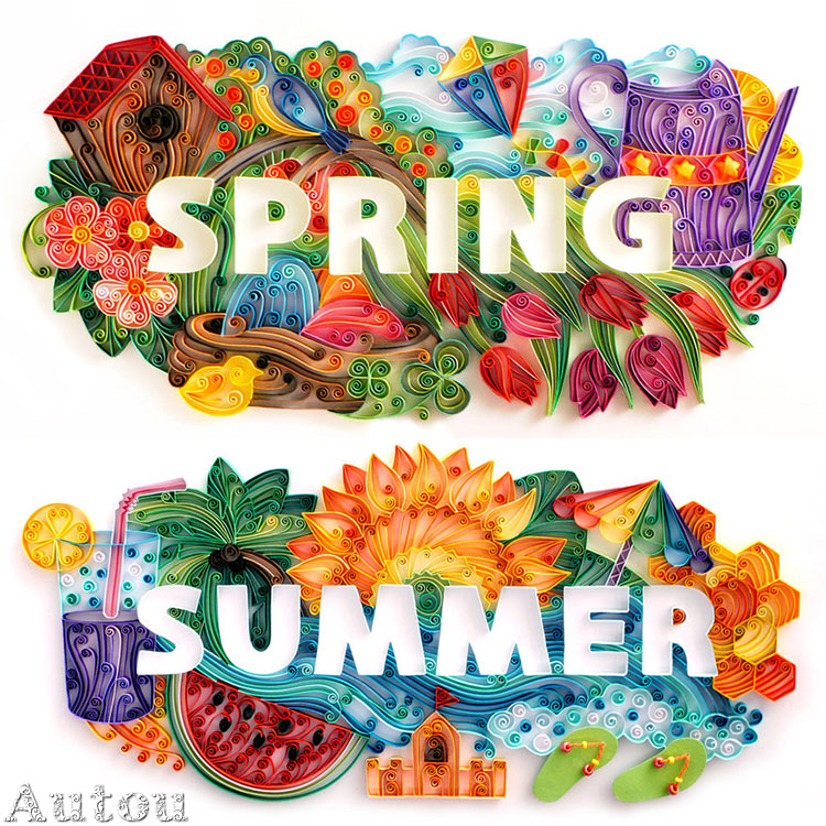 春夏秋冬四季 衍纸线稿图纸 衍纸画材料包 教学底稿图 衍纸底纸图