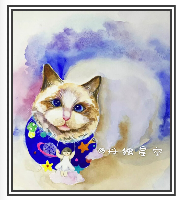 这是一组手工艺品与绘画组合的作品，从宠物的角度表达对主人的爱意，对于拥有主人的每一只宠物来说，主人便是它们的全部，虽然主人相对于它们来说是很强大的，但如果哪一天人们变小了，忠诚的它们会依然选择守护着你，你依然是它的全部！在无际的星空有它陪伴你！不让你孤单害怕！
这组作品不仅用水彩画描绘出了绚丽的星空，还结合了羊毡毛，不织布，线球等多种布艺工艺做出了实物饰品。
