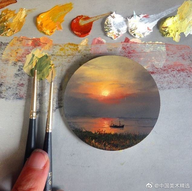 圆木头画水粉油画景物黄昏森林星空