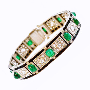 装饰艺术时期，镶有凸圆形祖母绿，钻石，铂金手镯
