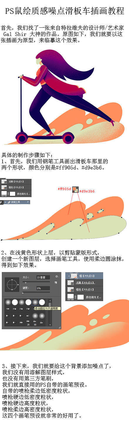 PS鼠绘质感噪点滑板车插画教程 设计思路及绘制方法借鉴 记得交作业 转需
（作者: Gal Shir |来自:P大点S） ​​​