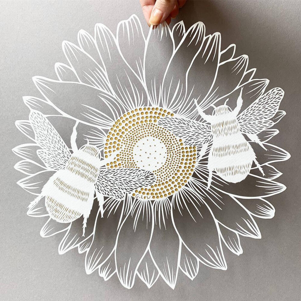  ins：georgialowpapercuts
georgialowpapercuts： • SALE • Original sunflower and bee papercut, drawn and cut by hand from 160gsm paper with gold infills. Measures approx 30x30cm unframed and comes on your choice of background! WAS £350, NOW £70! • SOLD •
