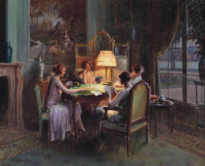 Delphin Enjolras，德尔菲恩·恩霍拉斯，1865-1945年。法国19世纪学院派画家，擅长肖像画，人体油画等，最著名的作品是描绘平凡的年轻女性，或在窗边阅读，或在灯下做着针线活。其中最著名的一幅作品是图一《窗边阅读…