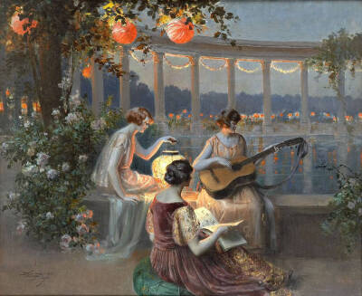 Delphin Enjolras，德尔菲恩·恩霍拉斯，1865-1945年。法国19世纪学院派画家，擅长肖像画，人体油画等，最著名的作品是描绘平凡的年轻女性，或在窗边阅读，或在灯下做着针线活。其中最著名的一幅作品是图一《窗边阅读…