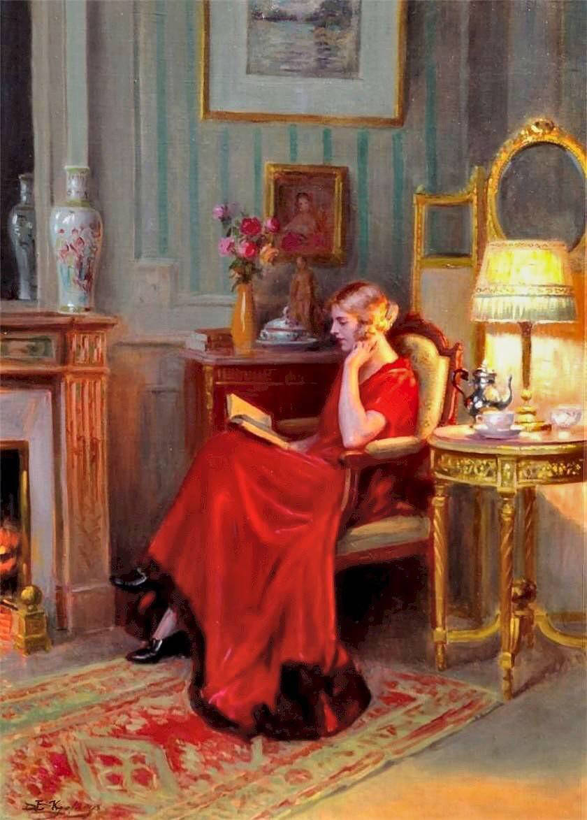 Delphin Enjolras，德尔菲恩·恩霍拉斯，1865-1945年。法国19世纪学院派画家，擅长肖像画，人体油画等，最著名的作品是描绘平凡的年轻女性，或在窗边阅读，或在灯下做着针线活。其中最著名的一幅作品是图一《窗边阅读的女人》。