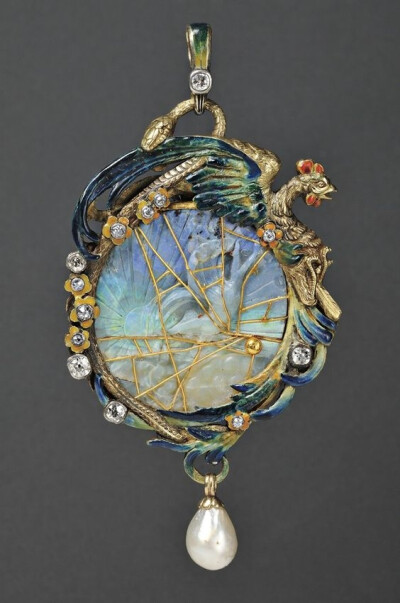 Fine Art Nouveau 18kt Gold, Carved Opal, Enamel, Pearl, and Diamond Pendant: 