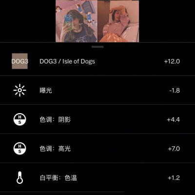私藏很久的ins风VSCO复古滤镜|网红照片必备调色教程|附具体调色参数✨✨✨
今天给大家带来一组ins风调色教程，喜欢的话点个赞。
1⃣DOG3➕12
曝光-1.8
阴影+4.4
高光+7.0
色温+1.2
色调+1.2
锐化+2.6
清晰度+3.7
褪…