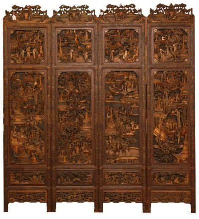 Antique Chinese hand relief carved 4 panel wooden screen. Each piece masterfully relief carved throughout to depict 12 busy village scenes. Intricate raised border designs throughout. Tops of each pan…