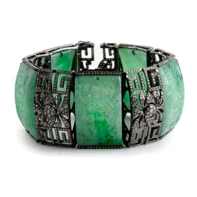 Bochic Green carved jade and diamond bracelet: 