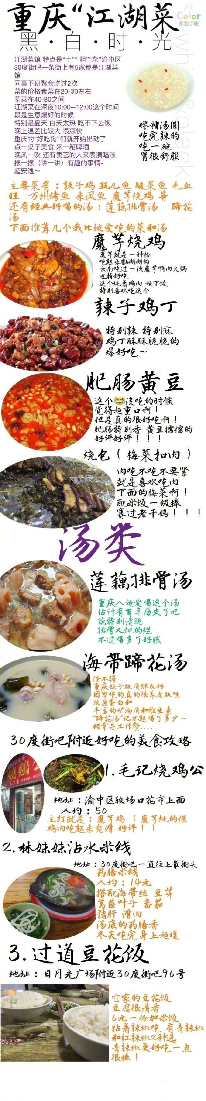 【历史上超全超全的重庆美食攻略】
1.重庆老火锅  2.苍蝇馆子小面  3.八一路美食街“酸辣粉”“汤圆”“蛋煎糍粑”“鱿鱼须 炸肉串”  4.江湖菜 好吃的魔芋儿鸡  蹄花汤  5.烧烤 “苕皮”强推  6.品牌连锁店 下次去记得照着这个去吃
cr：三毛请别流浪 ​