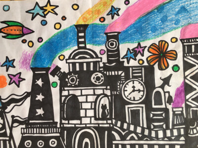 线描画 儿童画 《远处的风景》《小猫吃鱼》《保护环境》《超级无敌大汉堡》《五彩缤纷的世界》