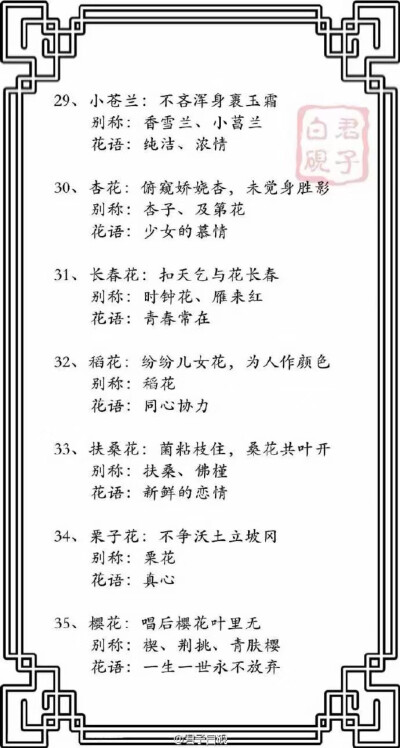 盘点那些名字雅致的花卉... “ 含笑、玉簪、萱草、鸢尾、夕雾、凌霄、朝颜、文殊兰、依米花、琼花……”你最喜欢什么花？ ​​​
via.君子白砚