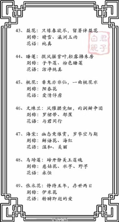 盘点那些名字雅致的花卉... “ 含笑、玉簪、萱草、鸢尾、夕雾、凌霄、朝颜、文殊兰、依米花、琼花……”你最喜欢什么花？ ​​​
via.君子白砚