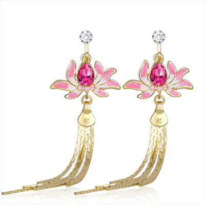 子羽原创中国风荷花流苏耳环女采用施华洛世奇元素民族风耳坠长款 