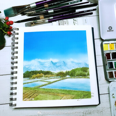 【米蒂水彩风景】夏日の晴空~“小时候我总爱看夏日的晴空， 把它当作是一幅自然的地点， 蓝的一片是大洋，白云一朵朵 ，大的是洲，小的是岛屿在海中。 满怀的花草换得了一把荒烟， 就是此刻我也得像一只迷羊， 辗转…