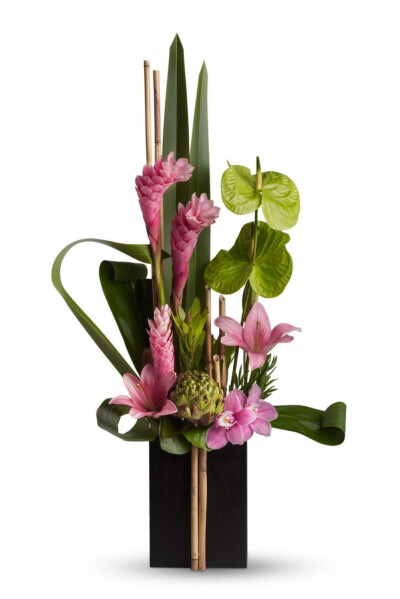 Now and Zen tropical bouquet. Love the two bamboo sticks in front of the container. lr: