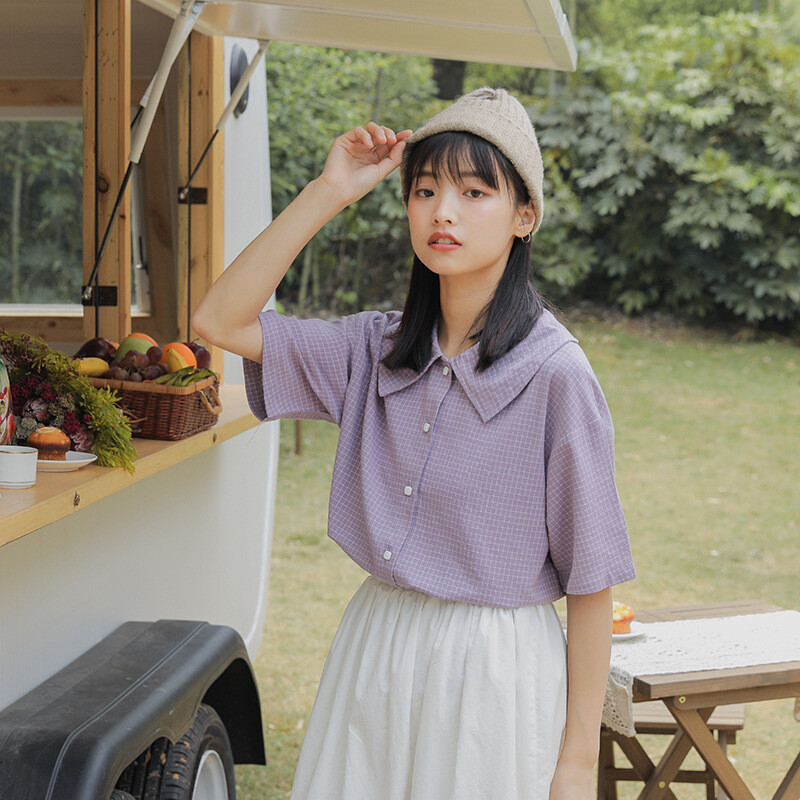 娃娃领小格子短袖衬衫女宽松日系甜美复古少女休闲透气小个子上衣