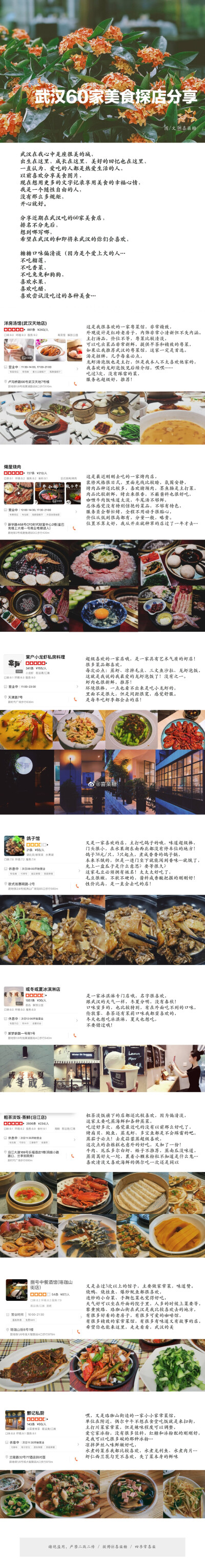 - 武汉60家美食探店分享 -
“美食和风景 可以抵抗全世界所有的悲伤和迷惘”
所以 我既爱美食又爱旅行
所以 我很快乐
一个人要安心吃饭
两个人要用心吃饭
很多人要开心吃饭
武汉美食 故事未完 分享待续 请…