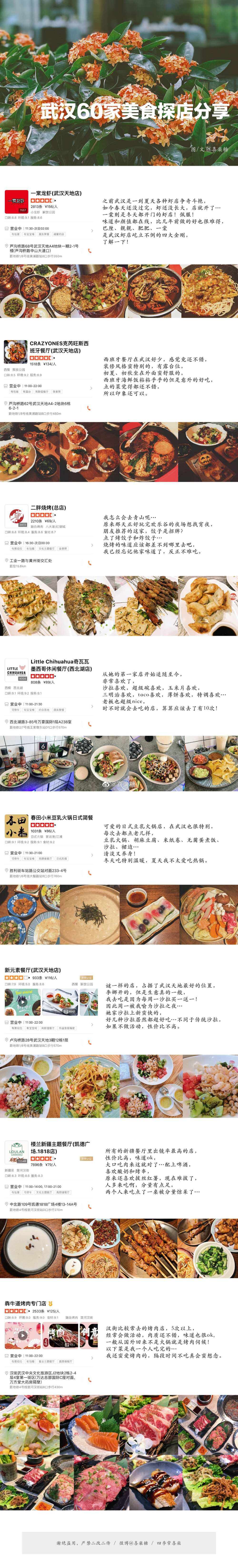 - 武汉60家美食探店分享 -
“美食和风景 可以抵抗全世界所有的悲伤和迷惘”
所以 我既爱美食又爱旅行
所以 我很快乐
一个人要安心吃饭
两个人要用心吃饭
很多人要开心吃饭
武汉美食 故事未完 分享待续 请笑纳~