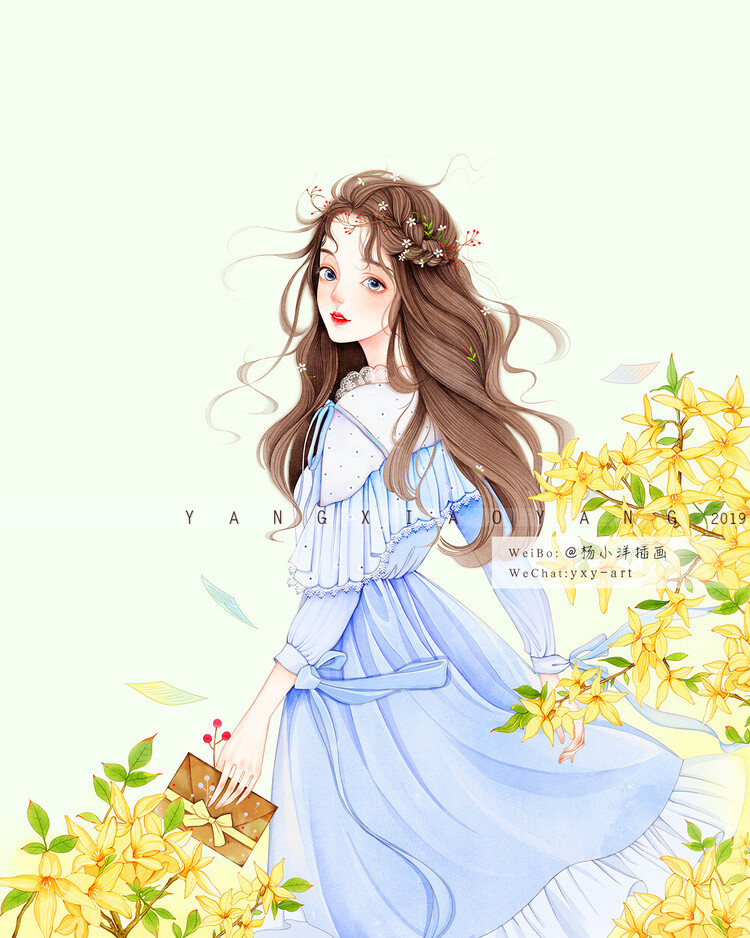 少女 花 插画 作者见水印