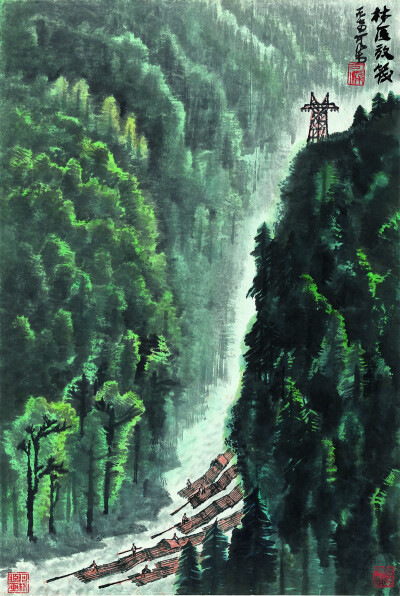 李可染《林飞放筏》