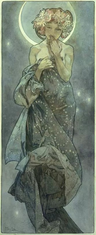 《月亮和星星》：“月亮”习作
1902年 淡彩和水彩纸面画 56 x 21厘米
©Mucha Trust 2019