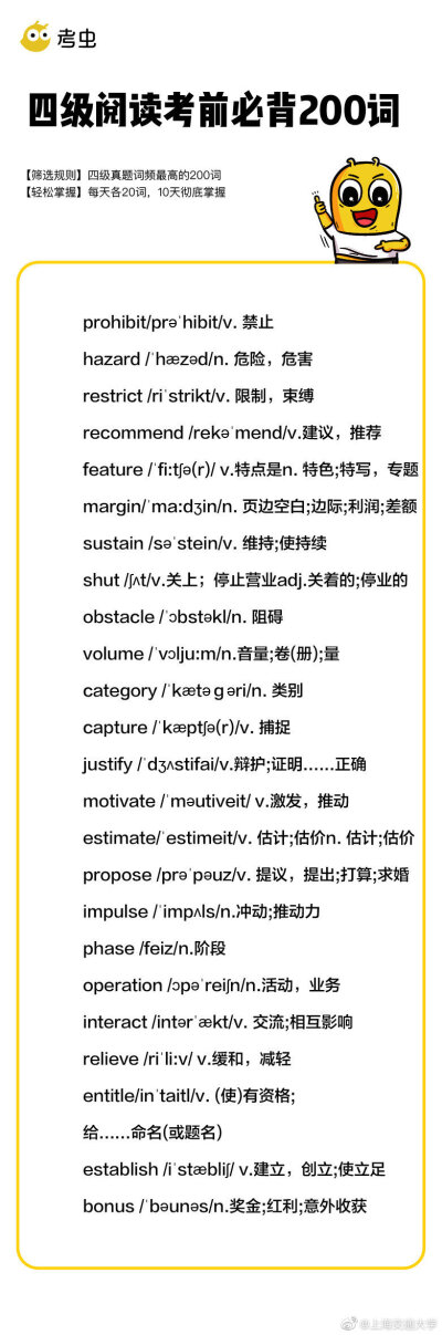 
四级阅读必备两百词，今天你学英语了吗