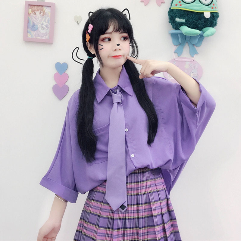 日系jk制服衬衣女2019新款夏季软妹风宽松蝙蝠袖百搭紫色领带衬衫